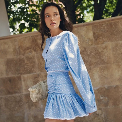 Women's Playful Polka Dot Two-Piece with Ruffled Mini Skirt and Puff Sleeves EVA-US