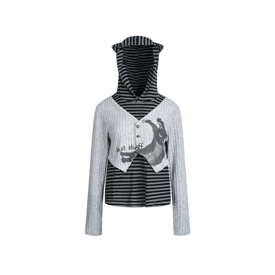 Women's layered look hoodie with striped bottom and short ribbed bolero EVA-US