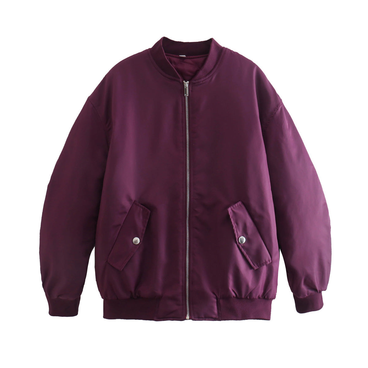 Women Boxy Bomber Jacket in Oversized Look with Zipper and Slanted Flap Pockets EVA-US