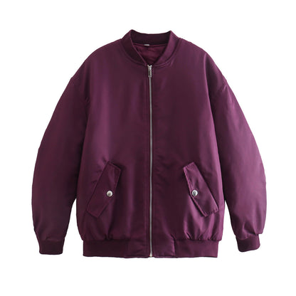 Women Boxy Bomber Jacket in Oversized Look with Zipper and Slanted Flap Pockets EVA-US