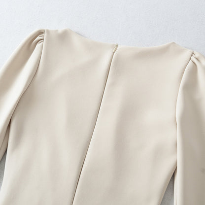 Women Figure-hugging Midi Dress with Gathered Wrap Look and Long Sleeves EVA-US