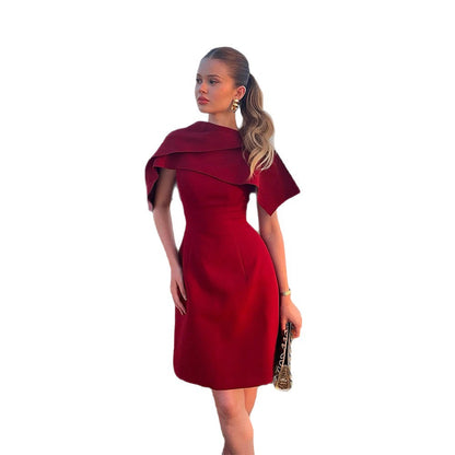 Ladies Elegant Cape Dress with Fitted A-Line and Stand Collar EVA-US