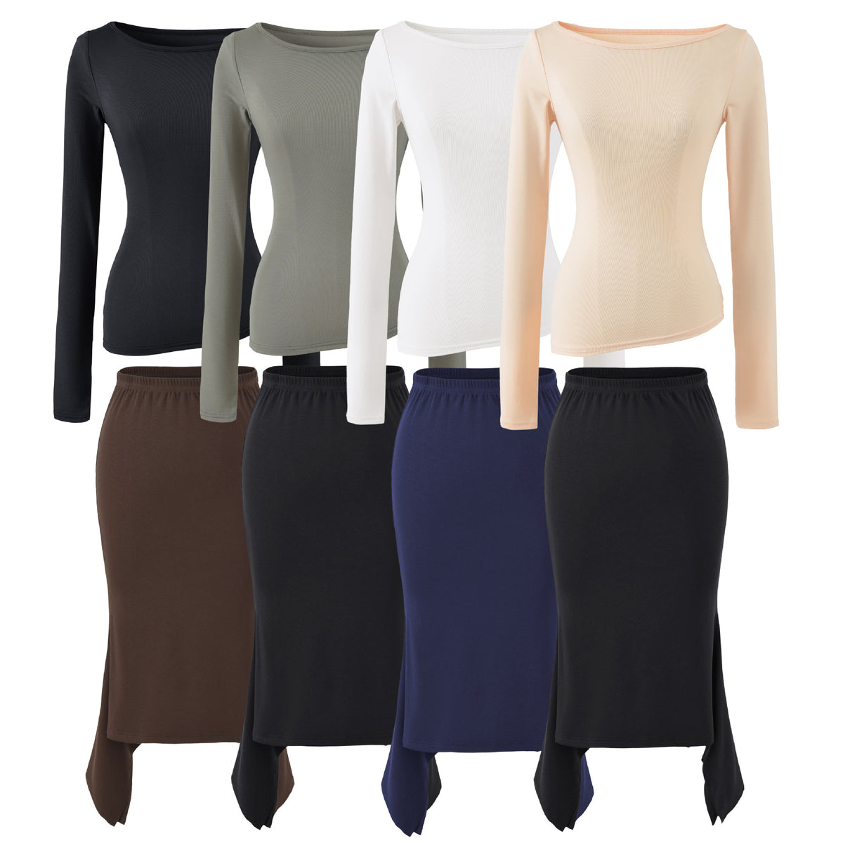 Women's Two-Piece Set with Fitted Long Sleeve Top and Maxi Skirt with Slit EVA-US
