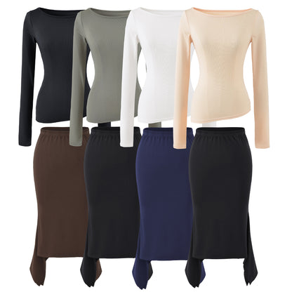 Women's Two-Piece Set with Fitted Long Sleeve Top and Maxi Skirt with Slit EVA-US