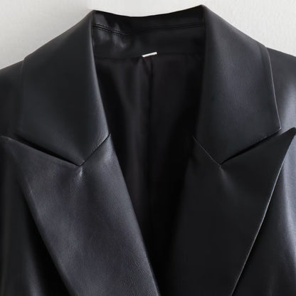 Women's Double-Breasted Faux Leather Blazer with Gold Decorative Buttons and Flap Pockets EVA-US