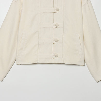Women's Cropped Jacket with Stand-up Collar and Decorative Knot Buttons EVA-US