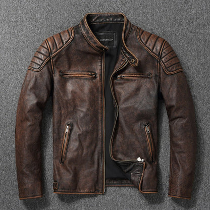 Men's Vintage Biker Leather Jacket with Stand Collar and Padded Shoulder EVA-US