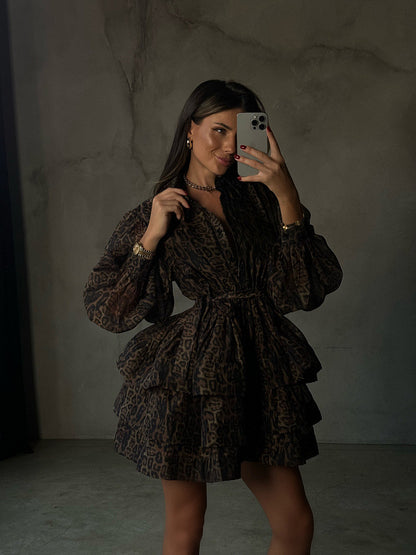 Women Transparent Ruffle Mini Dress with Shirt Collar, Balloon Sleeves and Waist Belt EVA-US