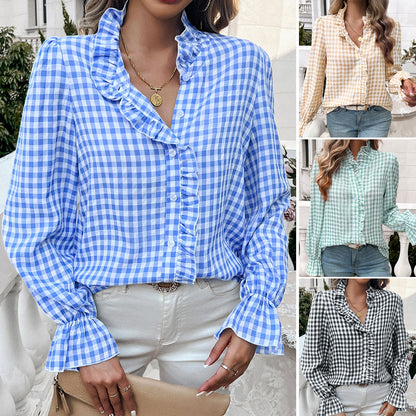 Women Checked Blouse with Ruffle Details and Button Placket EVA-US