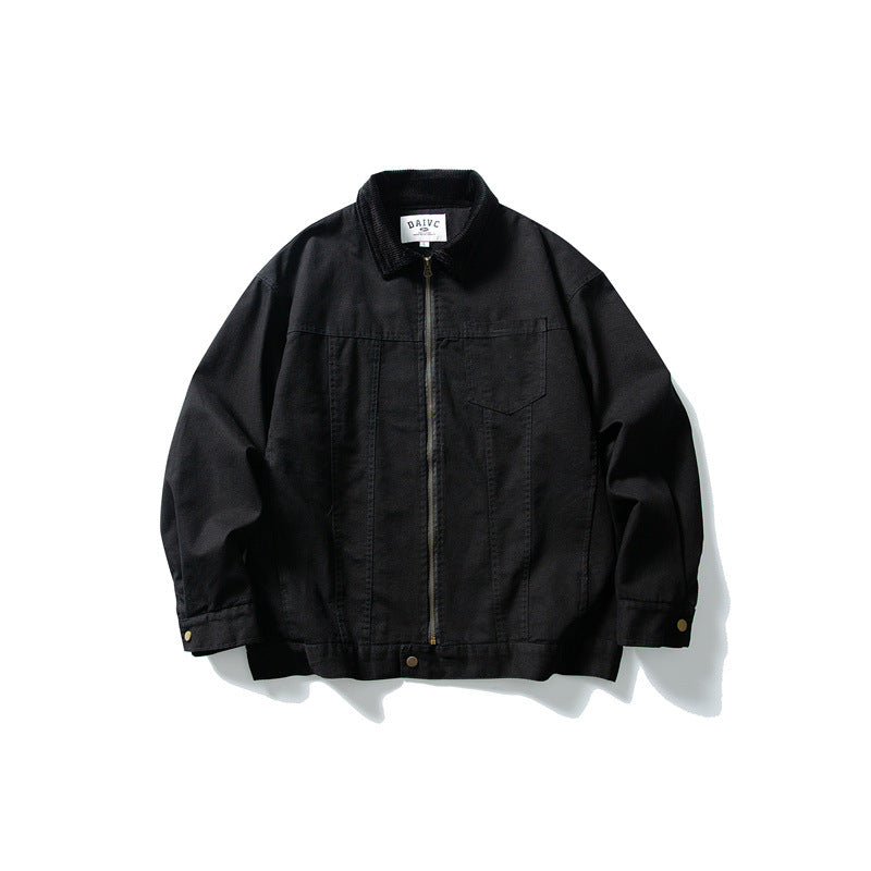 Men's Boxy Canvas Blouson Jacket with Cord Collar and Full-Length Zipper EVA-US