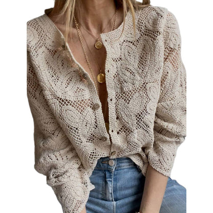 Women's crochet cardigan with floral openwork pattern, button placket & wavy hem EVA-US