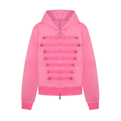Ladies hooded sweat jacket in military style with decorative cords and metal buttons EVA-US