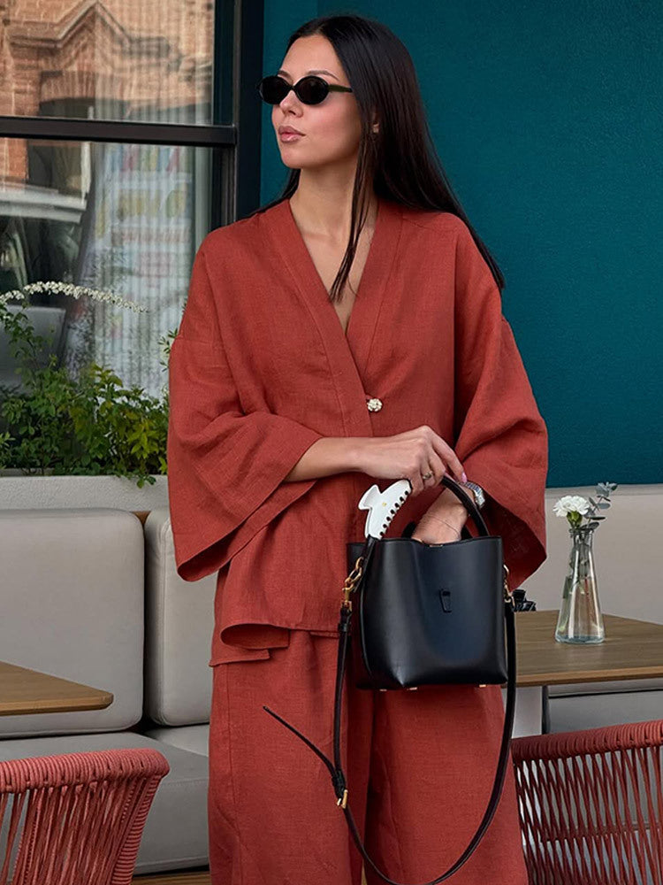 Women Casual Linen Look Two Piece with Kimono Blazer and Wide Palazzo Pants EVA-US