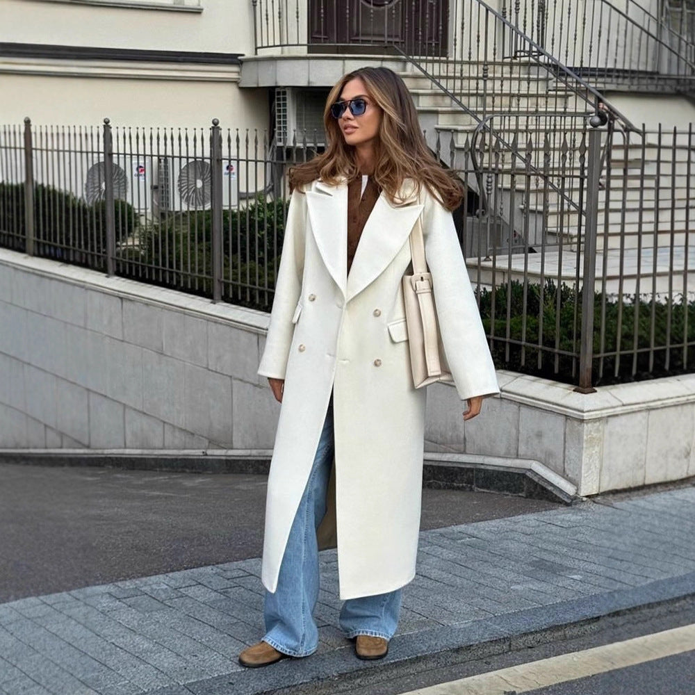 Women's Mid-length Double-breasted Wool Blend Coat with Distinctive Lapels and Tailored Fit EVA-US