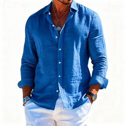 Men's textured linen shirt with open collar, lightweight texture, and casual-tailored fit EVA-US