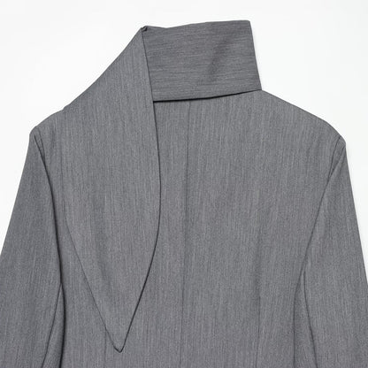 Women's Elegant Longline Blazer with High Funnel Collar and Overlapping Fabric Buttons EVA-US