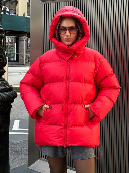 Women's Oversize Quilted Puffer Jacket with Removable Hood and Two-Way Zipper EVA-US