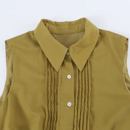 Women's sleeveless shirt dress with pleats, button placket and belt EVA-US