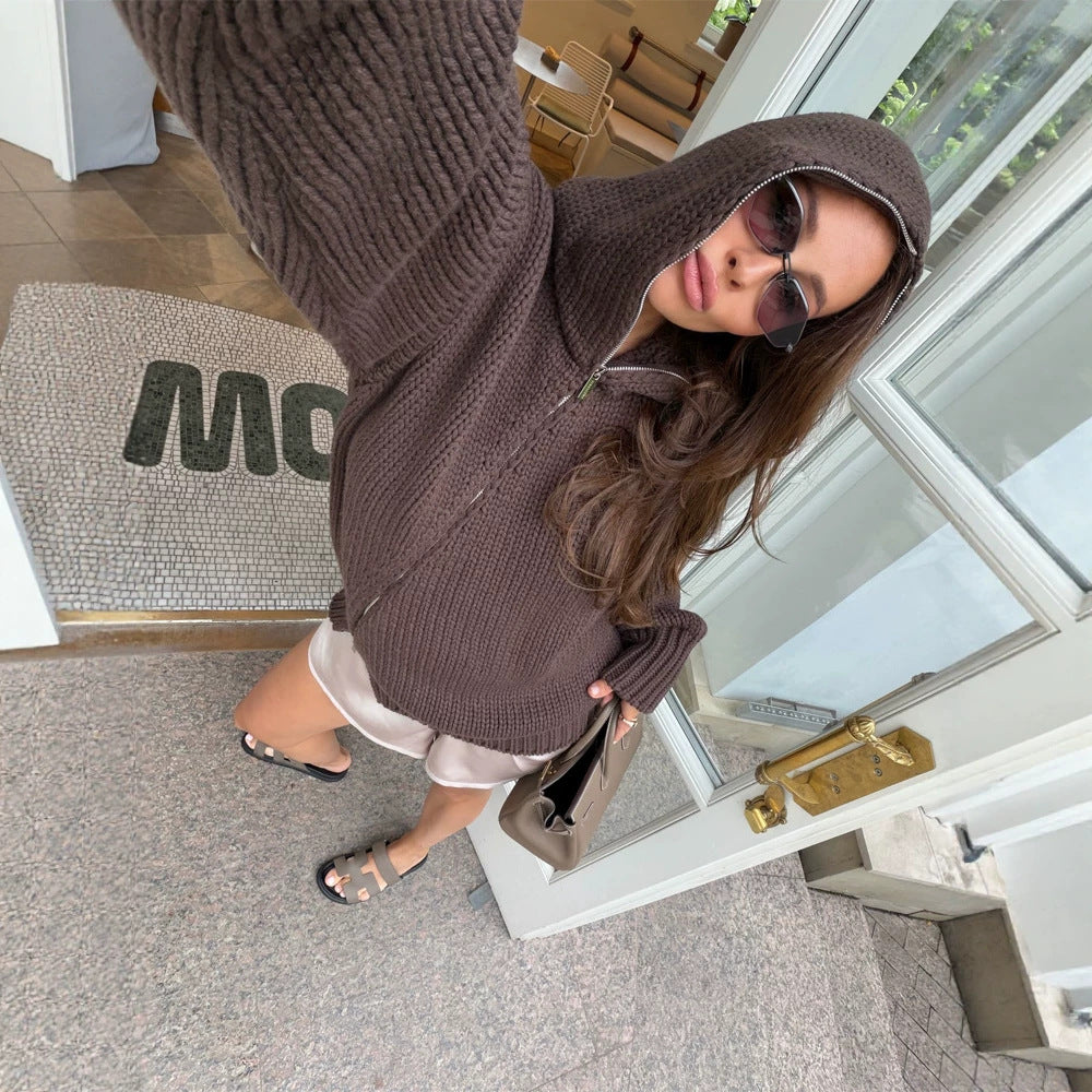 Women's chunky knit zip cardigan with high collar EVA-US