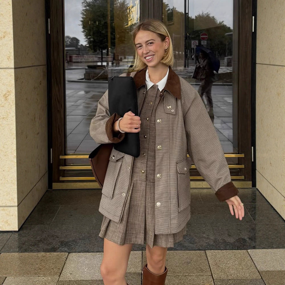 Women Oversized Field Jacket with Velvet Collar and Large Flap Pockets EVA-US