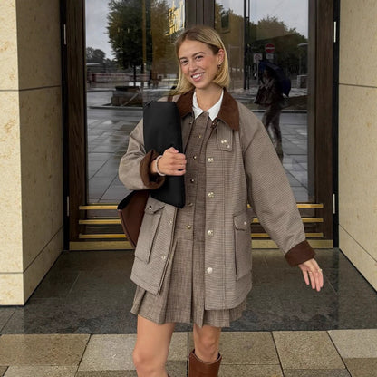 Women Oversized Field Jacket with Velvet Collar and Large Flap Pockets EVA-US