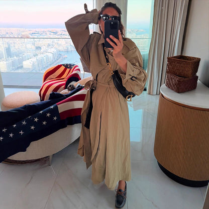 Women's Oversized Trench Coat with Voluminous Balloon Sleeves, Drawstring, and Removable Hood EVA-US