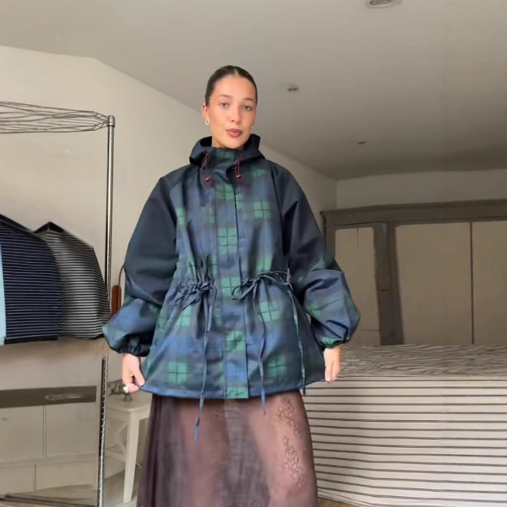 Women's Oversized Jacket in a Casual Check Design with Practical Pockets and Waist Drawstring EVA-US