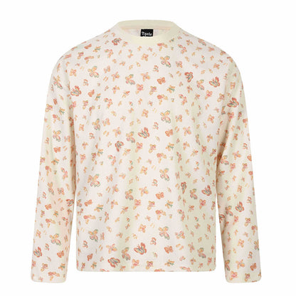 Women Waffle Knit Long Sleeve Shirt with Allover Butterfly Print and Round Neck EVA-US