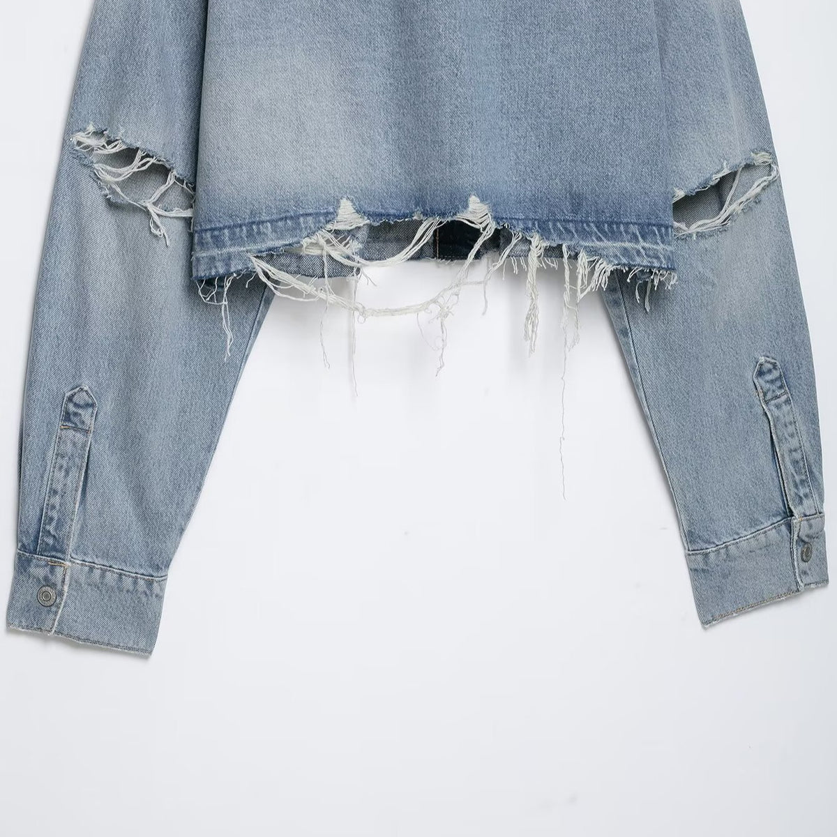 Women's Cropped Denim Jacket in Used-Look with Frayed Hem and Oversized Sleeves EVA-US