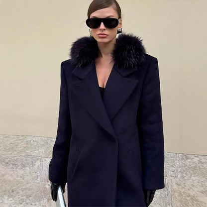 Women's long wool blend coat with generous faux fur shawl collar and oversized cut EVA-US