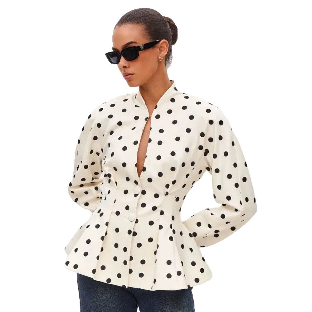 Women Polka Dot Tailored Peplum Blouse with Stand-Up Collar and Concealed Button Placket EVA-US
