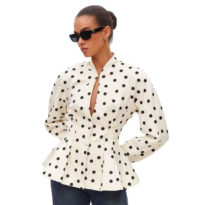 Women Polka Dot Tailored Peplum Blouse with Stand-Up Collar and Concealed Button Placket EVA-US