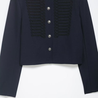 Women Short Military-Inspired Wool Blend Blazer with Stand-Up Collar and Decorative Cord Detail EVA-US