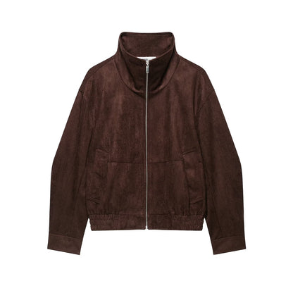 Women's suede look bomber jacket with funnel neck and elastic hem