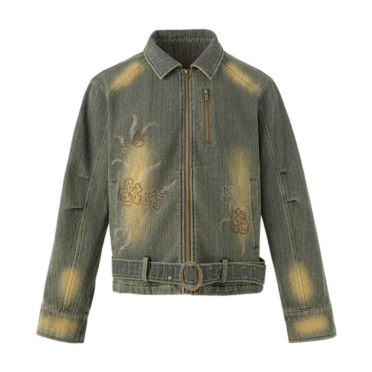 Women's Embroidered Short Denim Blouson Jacket with Waist Belt and Zipper EVA-US