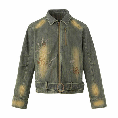 Women's Embroidered Short Denim Blouson Jacket with Waist Belt and Zipper EVA-US