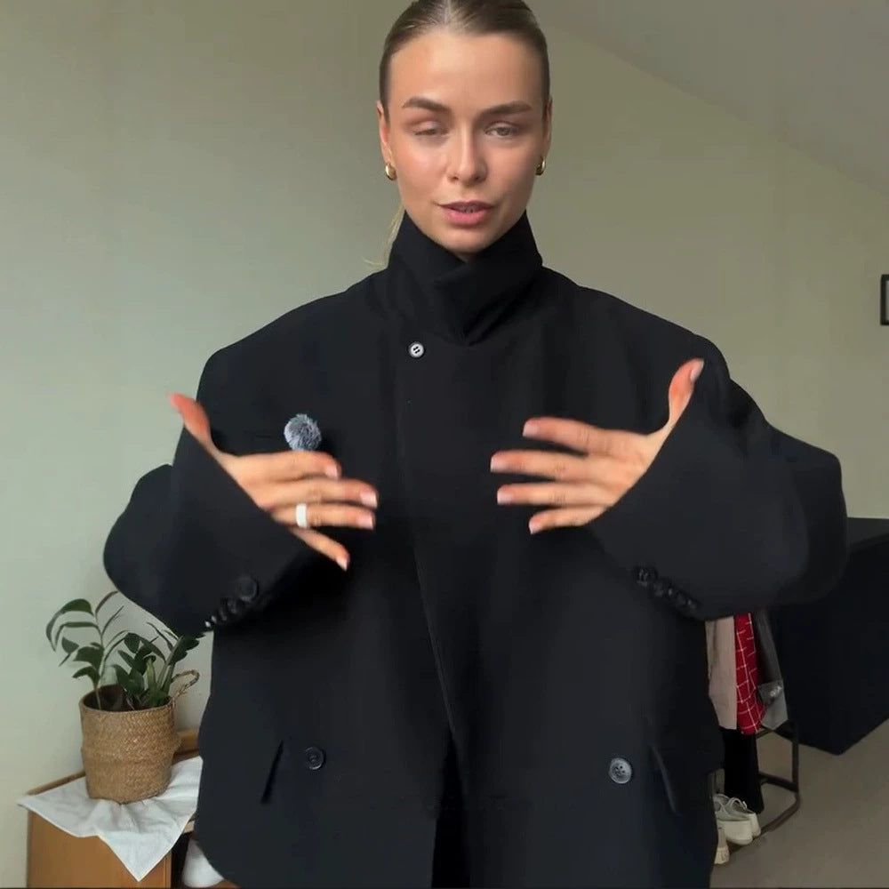 Women Asymmetric Cropped Boxy Jacket with High Stand Collar and Structured Shoulder Area EVA-US