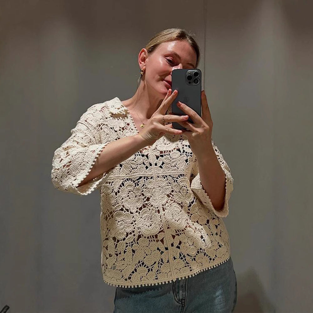 Women Crocheted Blouse with Floral Openwork Pattern and Three-Quarter Sleeves EVA-US