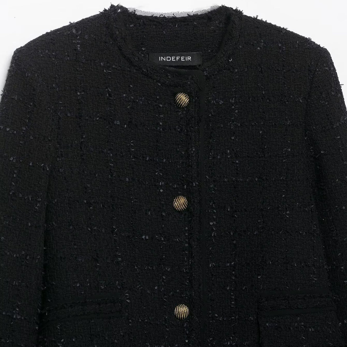 Women's Short Bouclé Tweed Jacket without Collar with Gold Decorative Buttons EVA-US