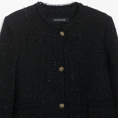 Women's Short Bouclé Tweed Jacket without Collar with Gold Decorative Buttons EVA-US