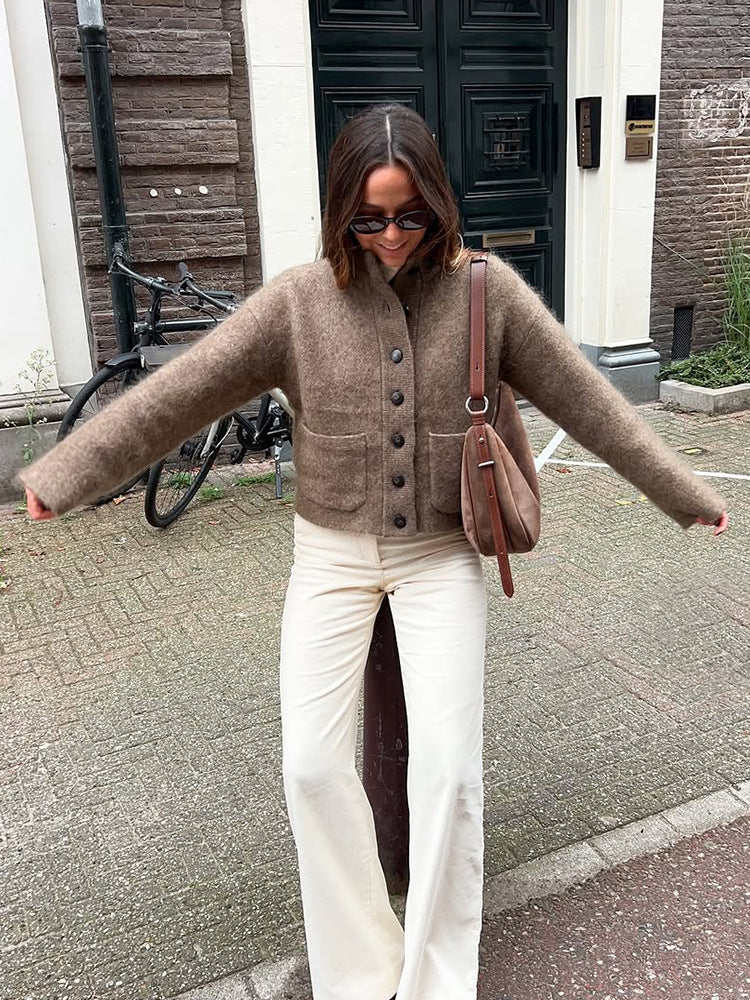 Women's short jacket made of fluffy mohair mix with button placket & patch pockets EVA-US