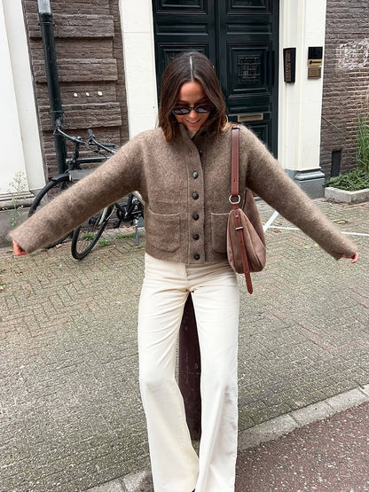 Women's short jacket made of fluffy mohair mix with button placket & patch pockets EVA-US