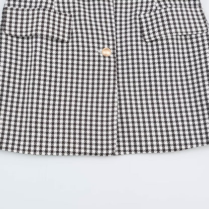 Women Oversized Blazer in Houndstooth Pattern with Balloon Sleeves and Patching Pockets EVA-US