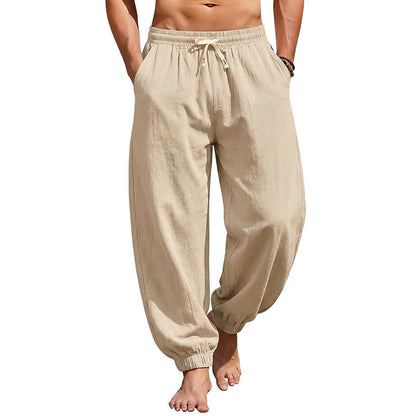 Men's relaxed harem pants made of linen blend with elastic drawstring waistband and gathered ankle cuffs EVA-US