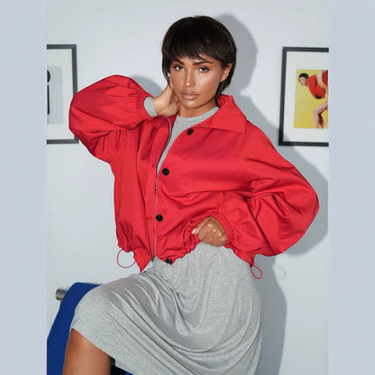 Women's Short Boxy Bomber Jacket with Drawstring and Balloon Sleeves EVA-US