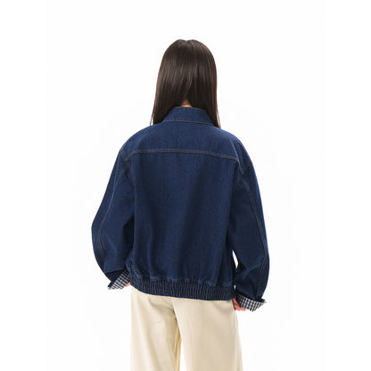 Unisex Boxy Denim Jacket with Check Lining, Stand-Up Collar and Flap Pockets EVA-US