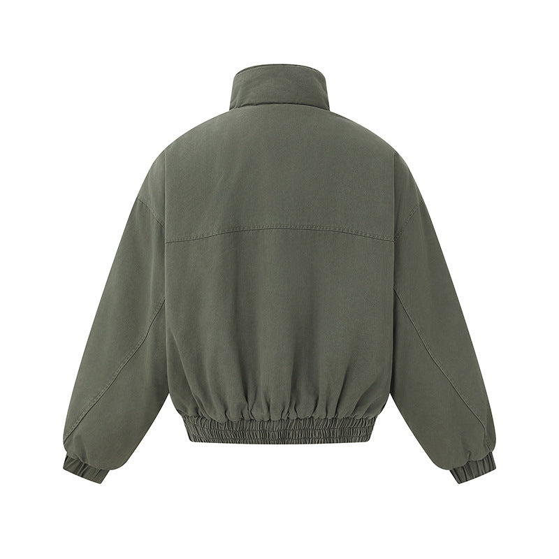 Unisex Boxy-Canvas-Bomber Jacket with High Stand-Up Collar, Diagonal Seam Design and Elastic Hem EVA-US
