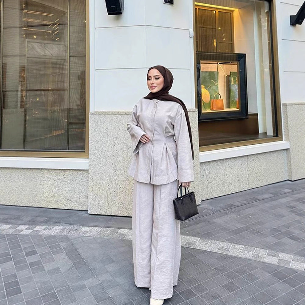 Ladies two-piece linen set with tailored pleat, wide leg and zip jacket EVA-US