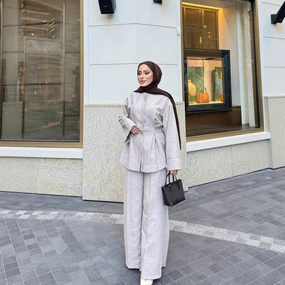 Ladies two-piece linen set with tailored pleat, wide leg and zip jacket EVA-US
