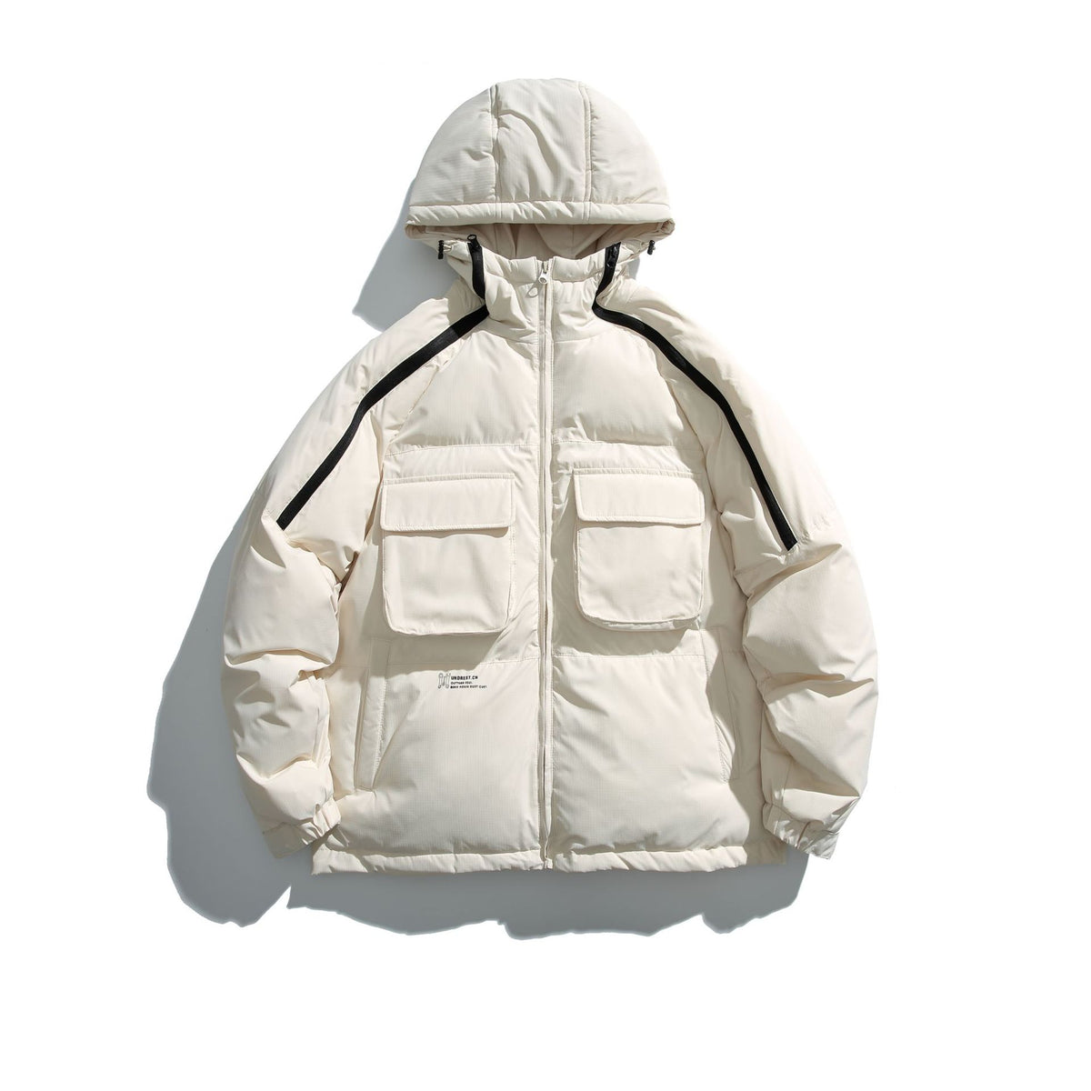 Unisex Short Cut Boxy Puffer with Hood, Contrast Stripes and Large Flap Pockets EVA-US